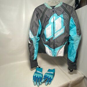 ICON Women's Overlord‎ Gray Turquoise Motorcycle Riding Jacket and Gloves Size M